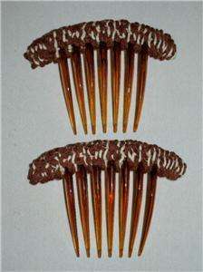VINTAGE FRENCH HAIR COMB PAIR WITH BROWN YARN  