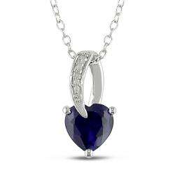 Sterling Silver Created Sapphire and Diamond Heart Necklace 