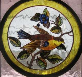 VICTORIAN PAINTED BIRD ANTIQUE STAINED GLASS WINDOW  