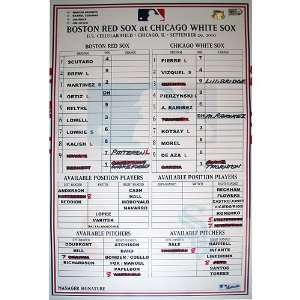  Red Sox at White Sox 9 29 2010 Game Used Lineup Card (MLB 