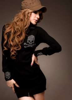 New Korea Womens Fashion Zip Cool Crystal Skull Long  