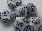   Porcelain Puffed Diamond Shaped Beads with Hand Painted Blue Flowers