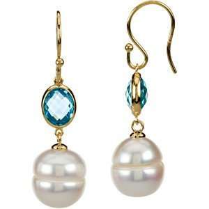    14k Yellow Gold Circle Pearl and Blue Topaz Earrings Jewelry
