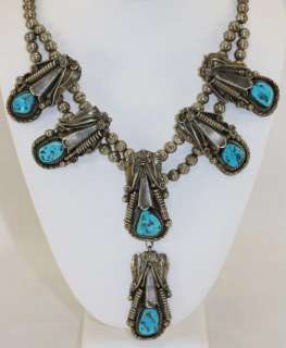Sterling Turquoise Navajo Squash Blossom Necklace * M. Thomas Signed 
