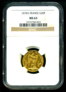 1878 FRANCE ANGEL GOLD COIN 20 FRANCS * NGC MS 63 * GEM  