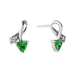  14K White Gold Trillion Created Emerald Ribbon Earrings Jewelry