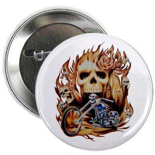 Artsmith Inc 2.25 Button Biker Skull Flames Rose and Motorcycle at 
