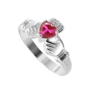 Sterling Silver 5mm Heart Band Ruby Cubic Zirconia Claddagh Ring Size 