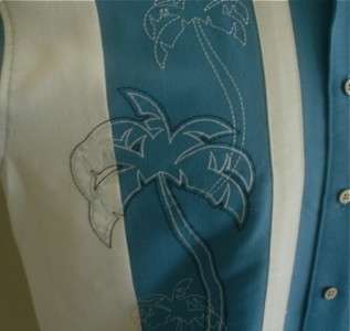Tone Blue/White Embroidered Palm Cubavera Lounge Retro Bowling shirt 