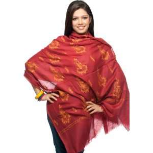 Maroon Pure Pashmina Shawl with All Over Sozni Hand Embroidered 