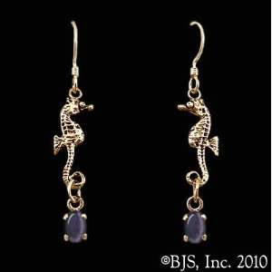 Seahorse Earrings with Gem, 14k Yellow Gold, Purple set gemstone 
