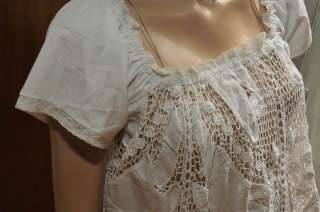 VINTAGE COTTON HAND CROCHET Tunic Top , A line, White, ONE SIZE