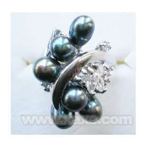  6pcs Freshwater Pearl Ring with Rhinestone   Black Color 