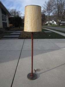 VINTAGE MID CENTURY DANISH MODERN TEAK FLOOR LAMP W/ RATTAN SHADE AND 