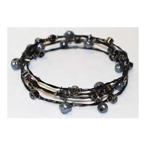 Whispers Bracelet, Black 4 Strand with Gray Pearls & Crystals Floating 