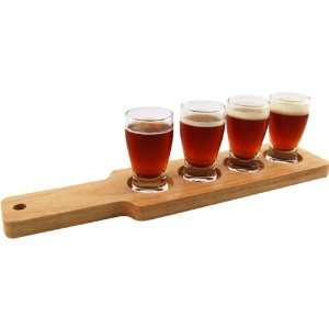  Beer Tasting Serving Set   Wood Paddle & 4 Glasses 