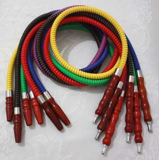 High quality hookah hoses with natural wood handles and metal tips.