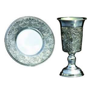  Silver Plated Squared Kiddush Cup and Saucer Set    Floral 