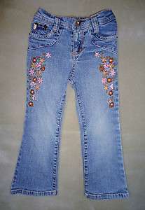 Bongo Girl PINK Rhinestones flowers embroidery blue Boot Cut Jeans 4 T 