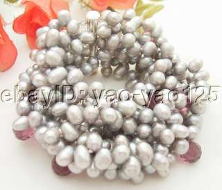 8Strds Grey Pearl&Crystal Bracelet 926 Silver Clasp  