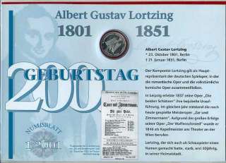 Münze Numisblatt 10 DM 1/2001 Albert Gustav Lortzing  