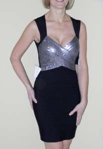 HERVE LEGER Silver Sequin Black Bandage Dress S NWT $1590  