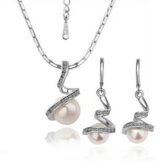 18K white Gold plated Swarovski white pearl sets earrings necklace 