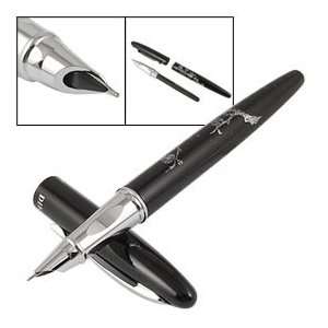 Silver Tone Floral Tree Printed Black Shell Writing Fountain Pen 0.5mm 