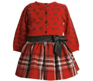Bonnie Jean Girls Fall Winter Holiday Red Black Bows Skirt & Sweater 