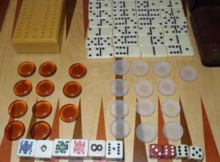 Vintage Chess Backgammon dominoes checkers game set glass & wood case 