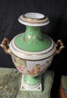 Pair Bisque German Porcelain Boar Cherub Horn Vases Urn  