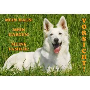Metall   Warnschild Weißer Schweizer Schäferhund, Amerikanisch 