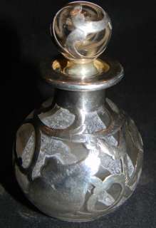 ANTIQUE 1900 SILVER OVERLAY GLASS 3.25 PERFUME BOTTLE  