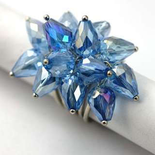 d8419 Size 7 8 Ladys Azure Teardrop Crystal Glass Beads Cooktail Ring 