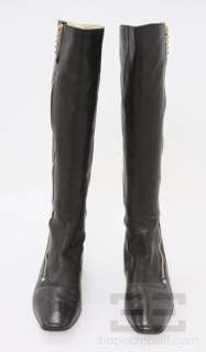Gucci Black Leather And Gold Zip Knee High Flat Boots Size 9.5  
