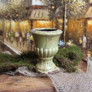 Shabby Cottage Chic Green Ceramic Urn Garden Pot  