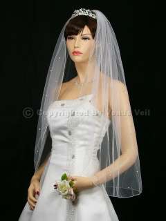1T White Wedding Bridal Fingertip Rhinestone Veil  