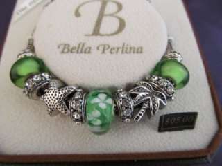 Bella Perlina GREEN Beads Rhinestone Charm Bracelet NEW Silvertone 