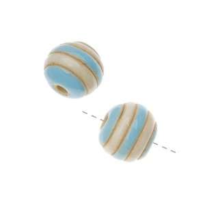  Studio Glazed Ceramic Round Beads Beehive Stripe Natural/Sky Blue 