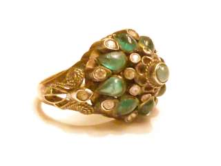   Solid Gold Harem Ring Emerald Cabochon Single Cut Diamonds Dome  