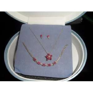  10k Gold Ruby Necklace ,Bracelet , Earing Set with Diamond 