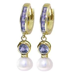 14k Gold Hoop Huggie Earrings with Genuine Pearls & Tanzanites