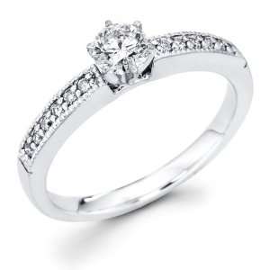 14k White Gold Milgrain Solitaire Round Diamond Engagement Ring 