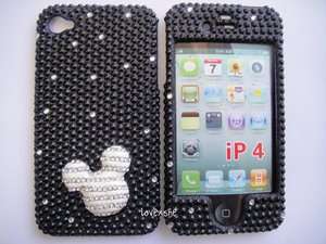 iPhone 4 4G 4S   3D Diamond Bling Case Cover Black Silver Mickey 