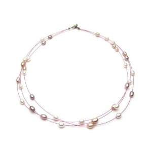  Multicolor Genuine Pearl 3 Strand Necklace Jewelry