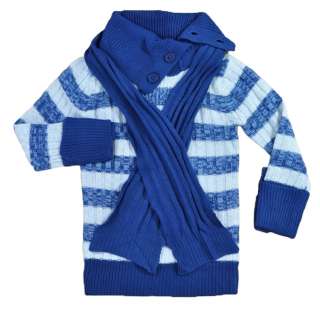   Girls Striped Blue Sweater W/Scarf Size 7/8 10/12 14/16   