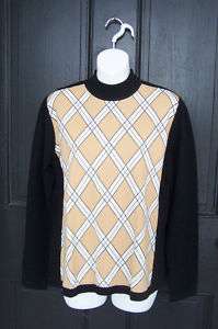 NWT CALLAWAY GOLF Ladies Black W/Tan & White Argyle Pattern Sweater 