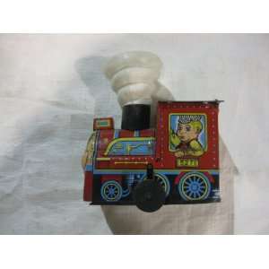  Vintage Tin Toy Train Blue and Red With Clown Face On 