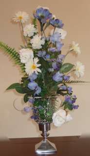 Sky Blue & White Silk Flower Arrangement Floral w / silver vase