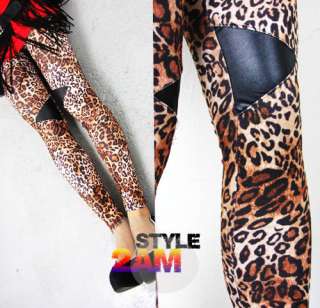 Womens Leggings Tight Pants Triangle Rock Punk Knee Leopard Leather 